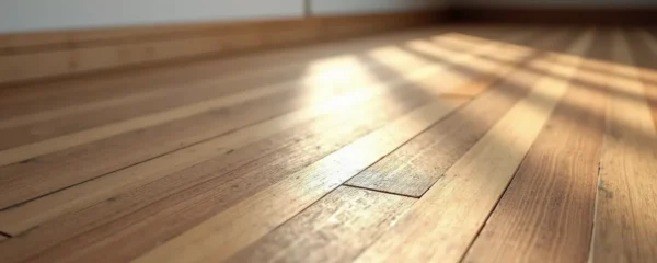 Gros plan sur la texture d'un plancher en bois massif ancien révélant les signes subtils d'usure naturelle
