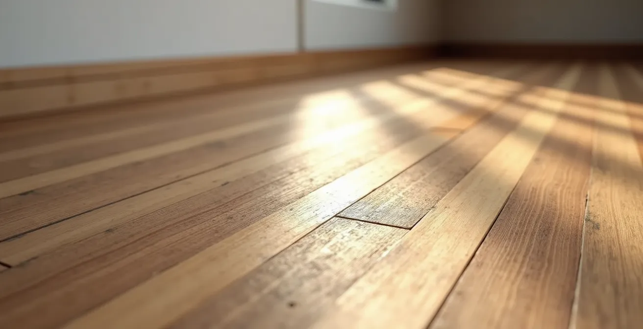 Gros plan sur la texture d'un plancher en bois massif ancien révélant les signes subtils d'usure naturelle