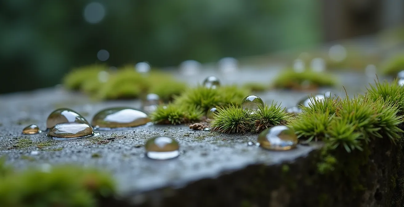 Détail macro de condensation sur pierre calcaire avec mousse, typique du climat lacustre d'Annecy