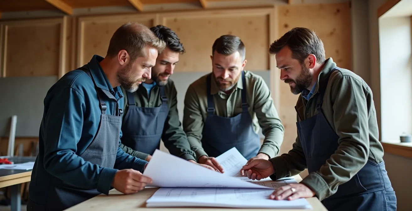 Groupe d'artisans locaux en discussion sur chantier de rénovation, montrant la collaboration professionnelle