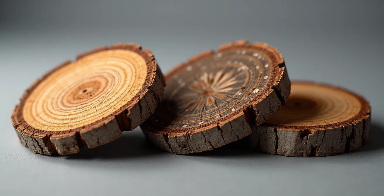 Vue macro de trois échantillons de bois montrant l'évolution de la dégradation