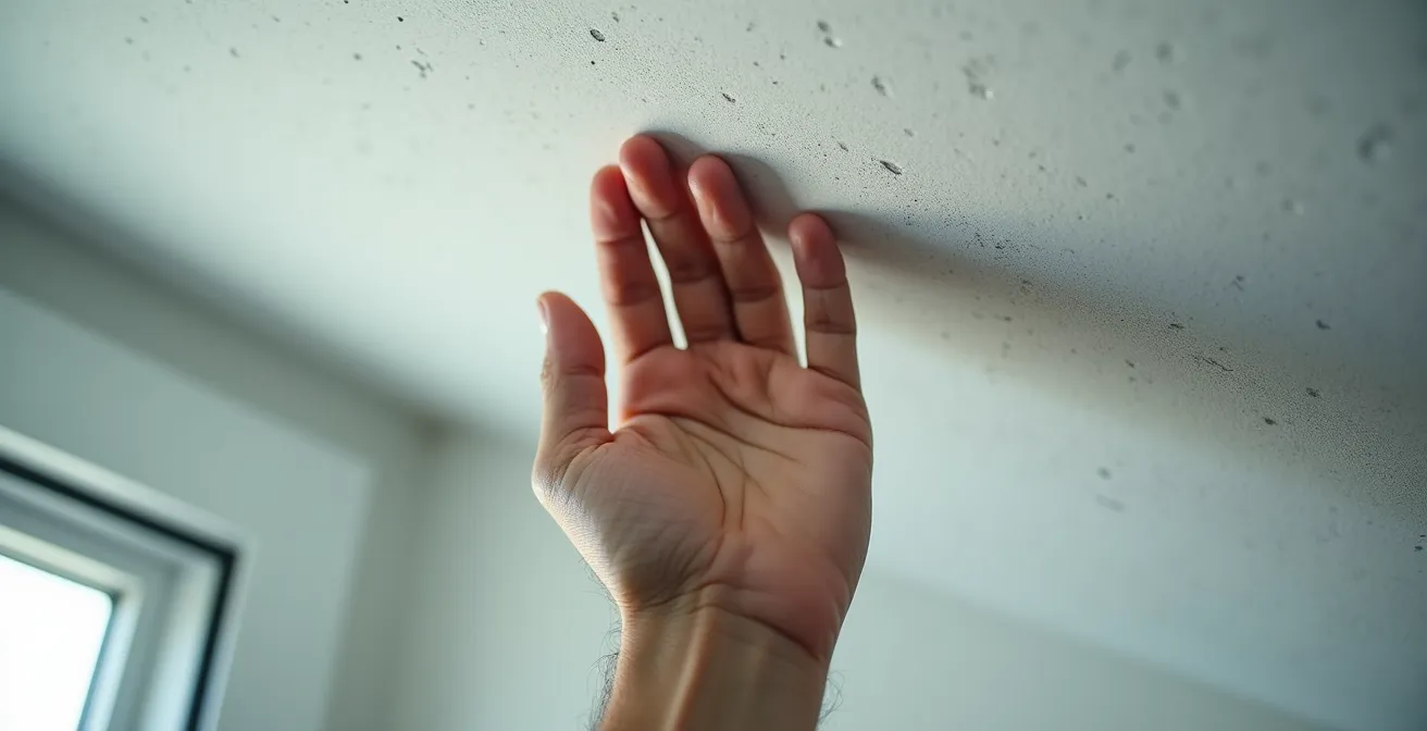 Gros plan d'une main touchant délicatement un plafond pour détecter l'humidité invisible