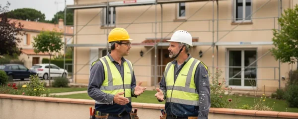 Artisans discutant devant maison en rénovation secteur Blagnac