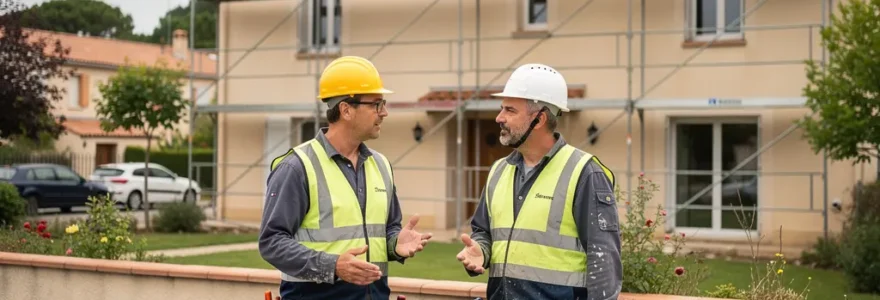 Artisans discutant devant maison en rénovation secteur Blagnac