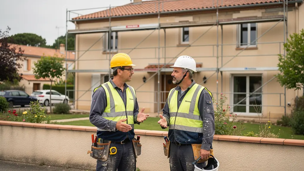 Artisans discutant devant maison en rénovation secteur Blagnac