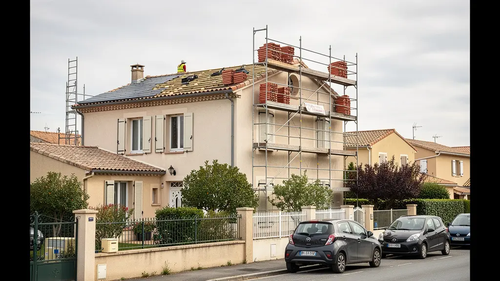 Maison avec échafaudage rénovation toiture secteur Blagnac