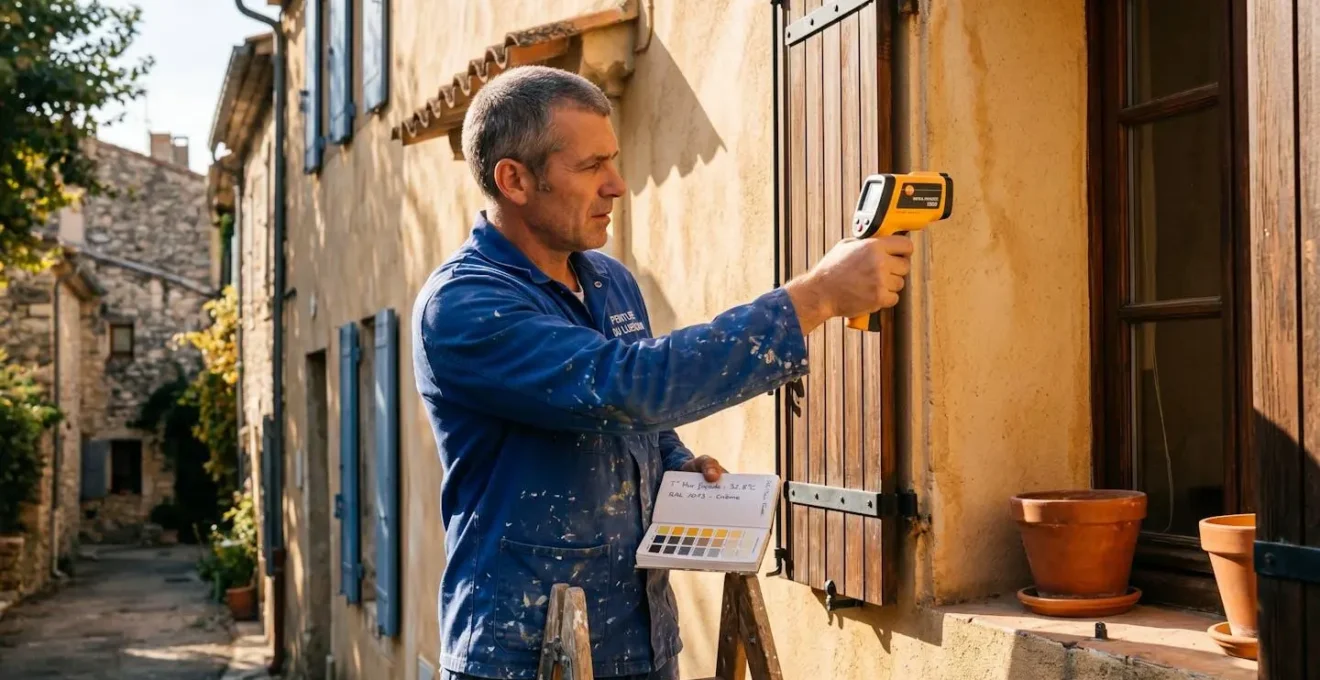 Artisan peintre mesurant température surface d'une façade provençale exposée au soleil avec thermomètre infrarouge, carnet et nuancier professionnel en main