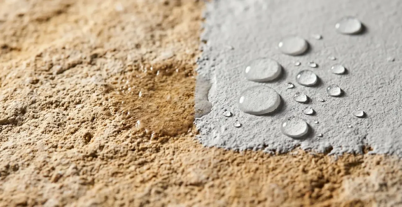 Gros plan macro sur pierre calcaire provençale partiellement peinte avec peinture microporeuse, gouttes d'eau perlant sur surface peinte démontrant hydrophobicité et perméabilité