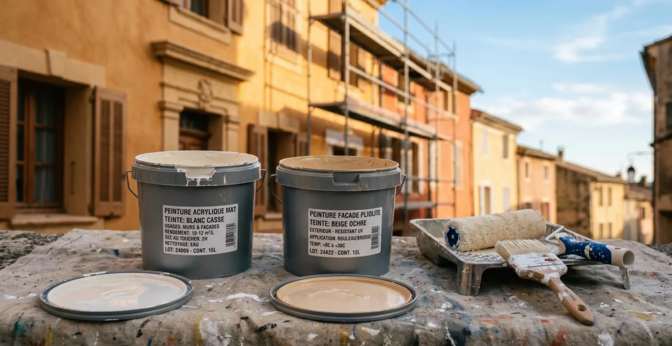 Pots de peinture professionnelle ouverts au premier plan sur chantier, rouleau et pinceau à proximité, façade provençale fraîchement repeinte visible en arrière-plan flouté
