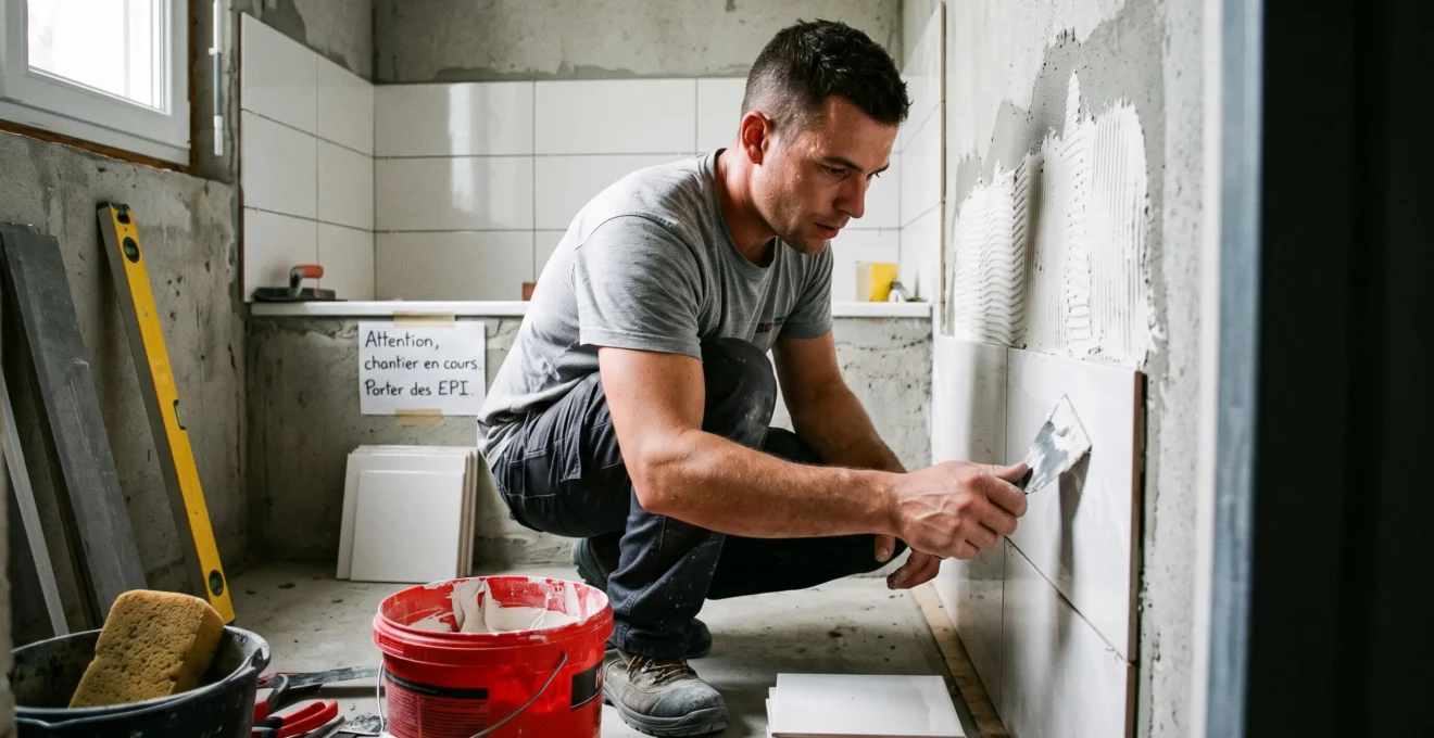 Artisan accroupi dans une salle de bains en rénovation, installant des carreaux muraux blancs avec une truelle, seau de colle au sol à proximité, outils de pose visibles