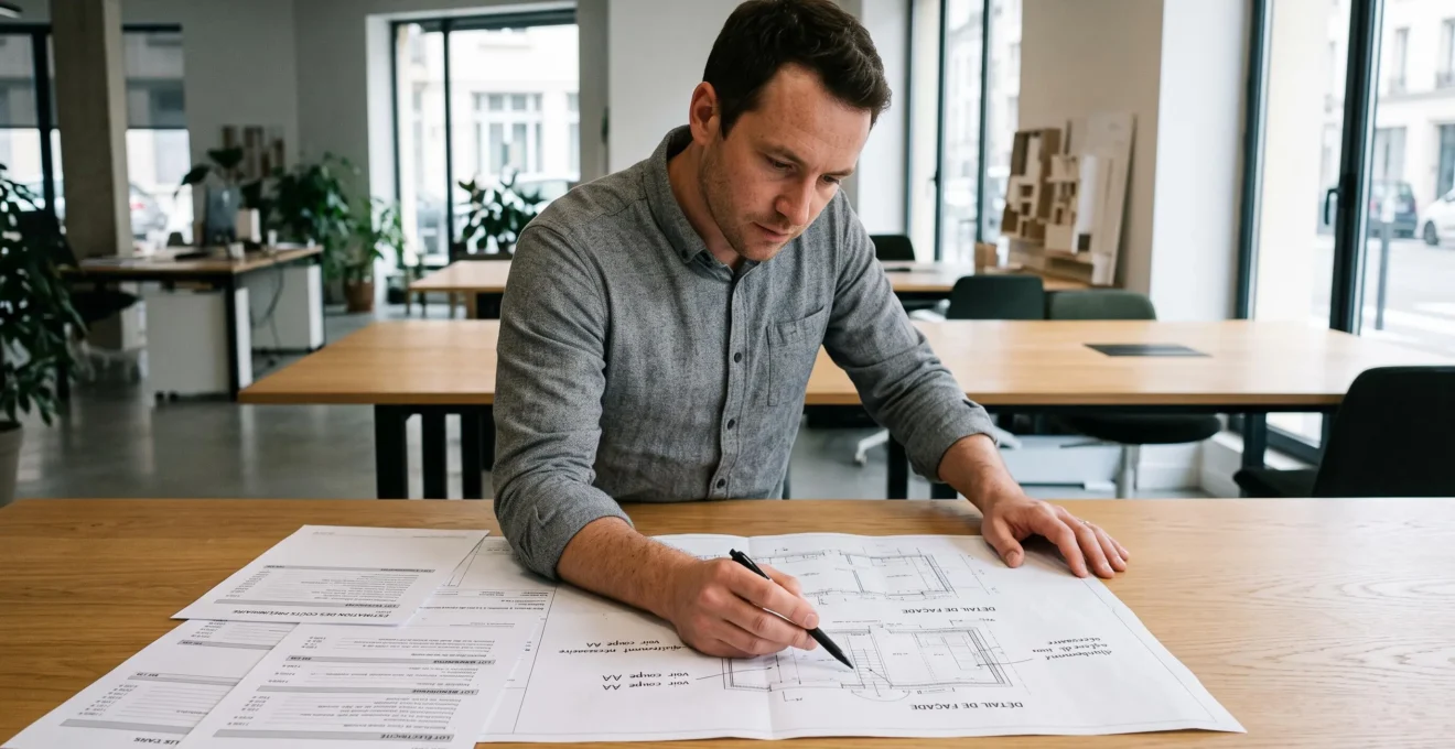 Courtier en travaux debout dans son agence, penché sur une table où sont étalés plusieurs devis imprimés et un plan architectural, pointant un détail avec un stylo