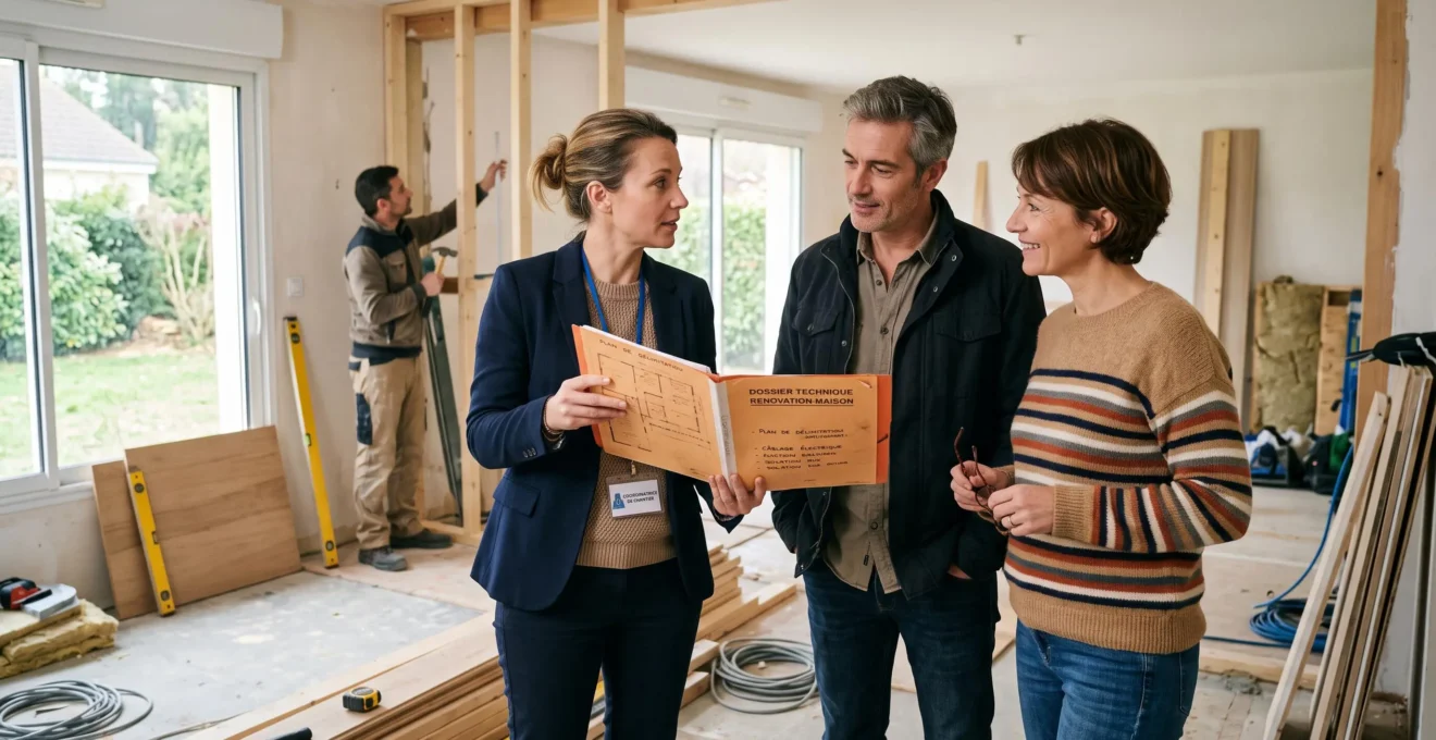 Courtier en travaux debout dans un chantier de rénovation intérieure éclairé naturellement, consultant un dossier technique avec un couple de propriétaires pendant qu'un artisan travaille en arrière-plan sur une cloison